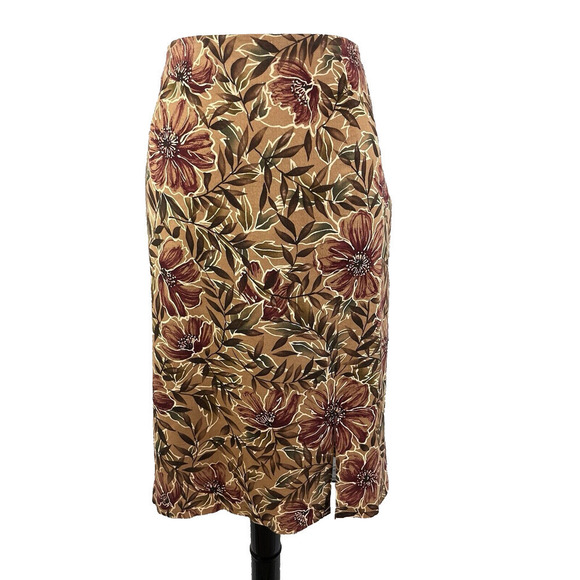 Talbots Skirt sz 16 Brown Burgundy Floral Stretch Straight Knee Tropical Casual - Picture 1 of 9